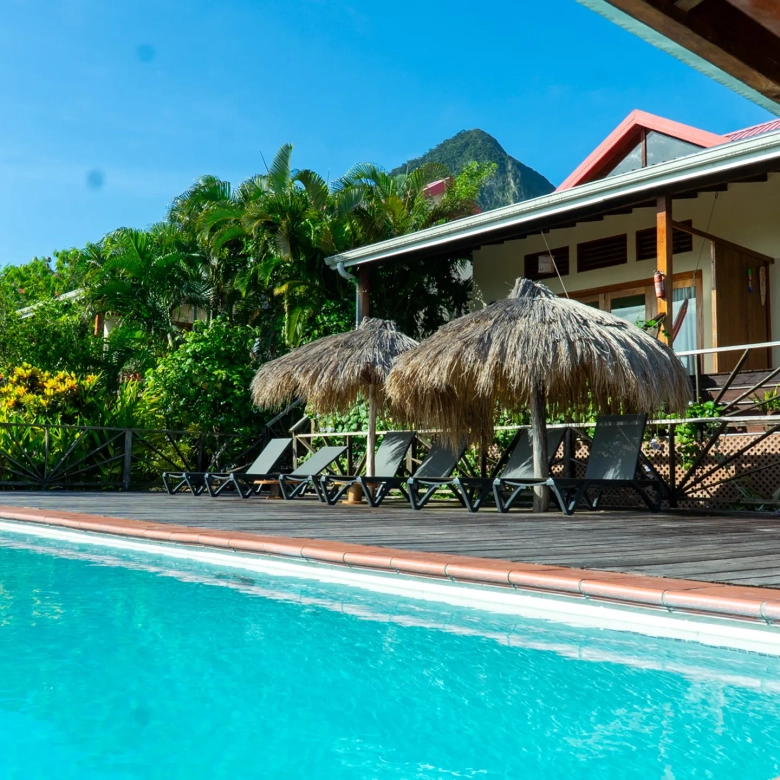 Saint Lucia Real Estate—Tet Rouge Resort | Realty St. Lucia front of villa pool