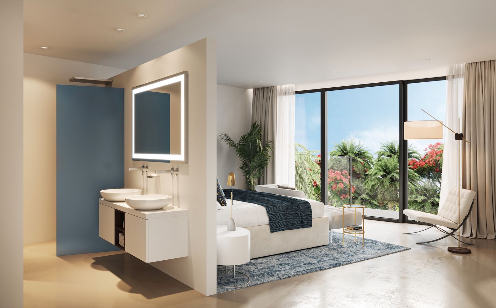 Artist's impression of a contemporary vanity and bathroom area
